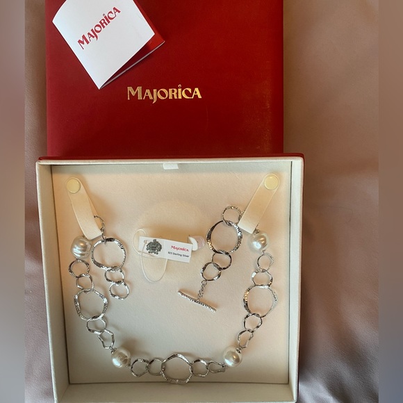 Majorica Baroque Hammered Oval Pearl Necklace - 925 Sterling Silver - Picture 2 of 4